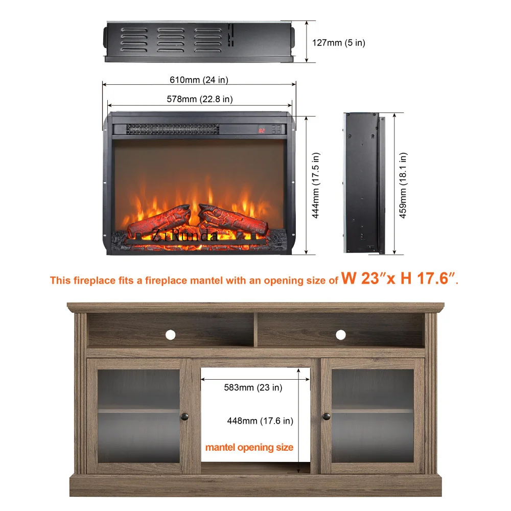 23 inch electric fireplace plug-in ultra-thin heater with timer remote control, overheating protection