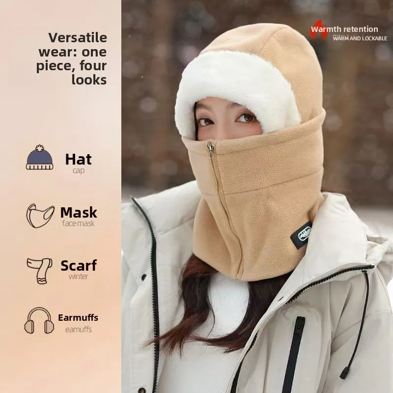 

Winter All-around Warm Fleece Hat Fashionable Zipper Mask Cap Integrated Protective Warming Hat Riding Cap for Men Women