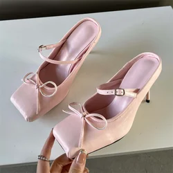 Eilyken New Design Bowknot Square Toe Women Pumps Sexy Buckle Strap Thin High Heels Banquet Prom Mule Slippers Shoes