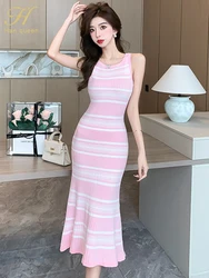 H Han Queen Summer Elegant Party Dresses 2024 Sleeveless Striped Mermaid Knit Vestidos Casual Office Midi Dress Woman Clothing