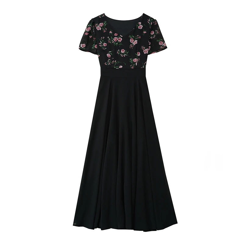 Letnia sukienka szyfonowa w kwiaty, elegancka, dopasowana, wyszczuplająca w talii, w stylu vintage, czarna, długa sukienka na imprezę, wieczór, Vestidos, nowość na lato 2025.