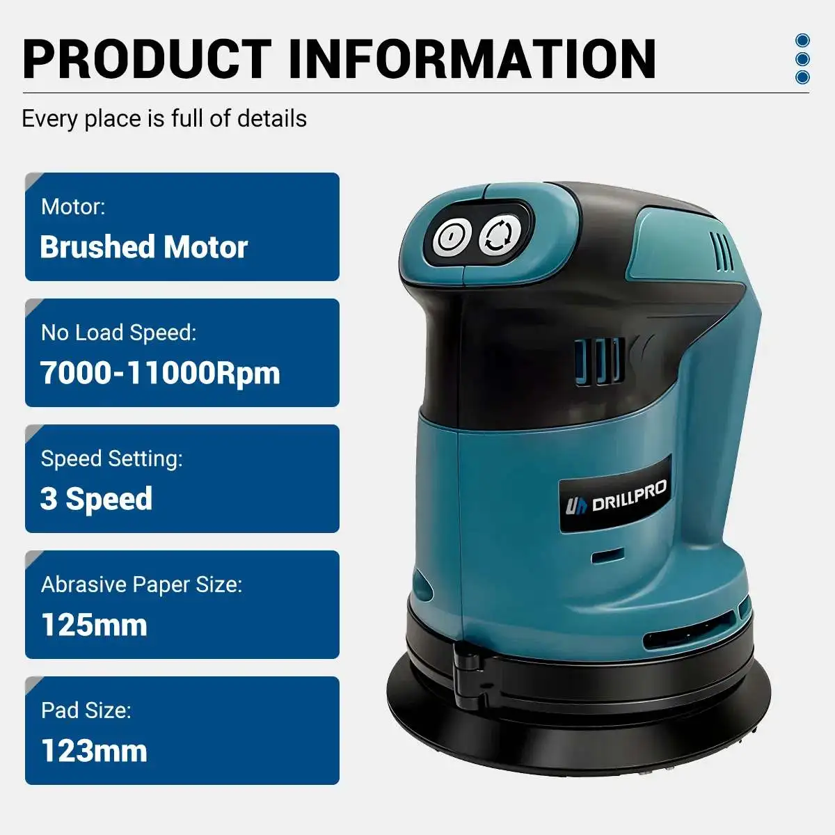 Drillpro 125mm Electric Orbital Sander 3 Speeds Adjustable Polishing Grinder Machine Wood Metal Polisher for Makita 18V Battery