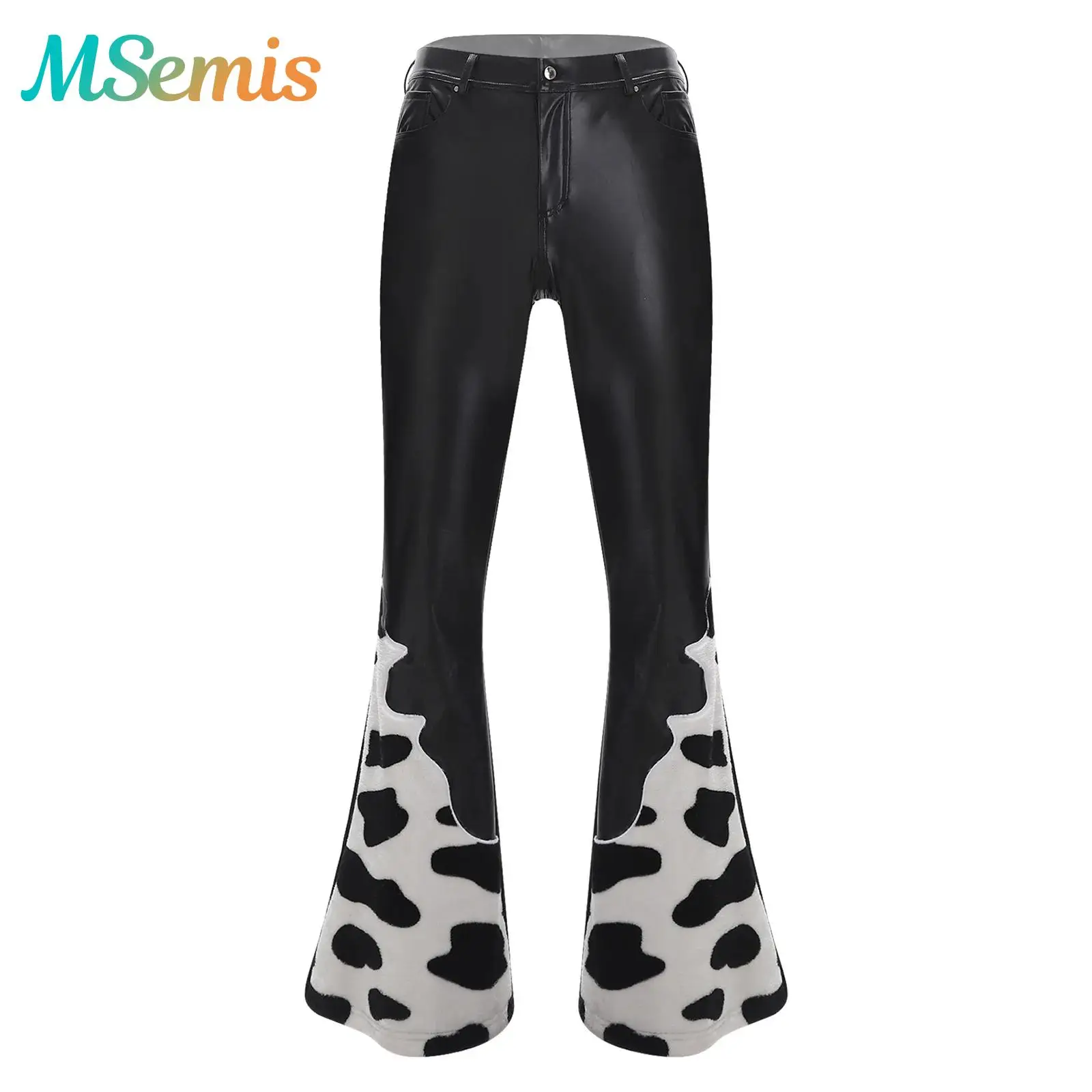 

Mens Cowboy Flared Pants PU Leather Western Trouser Vintage Costume Legs Cow-spot Print Flannel Patchwork Bell Bottom Long Pants