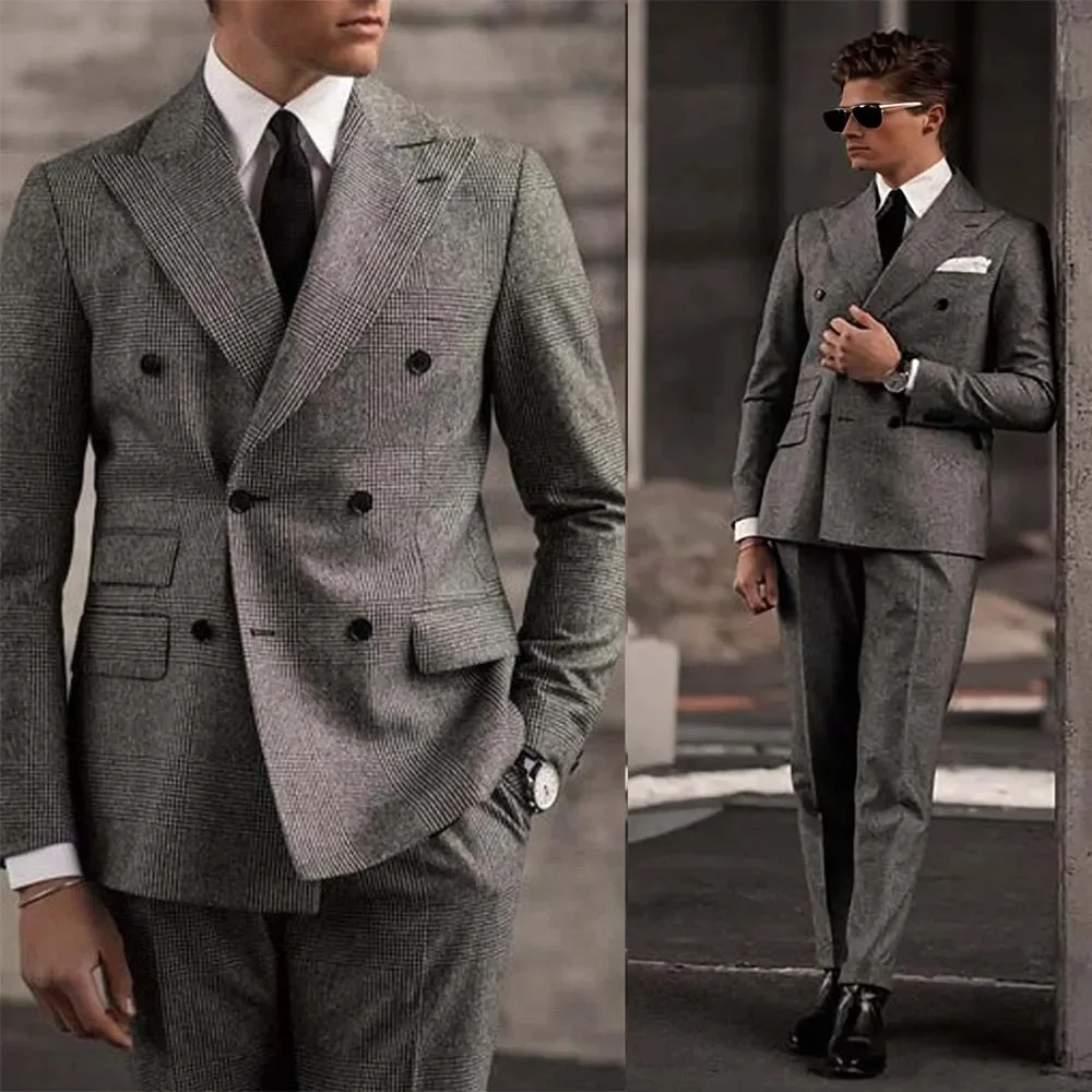 

Костюм в клетку «гусиная лапка» ‌ Мужской костюм-смокинг с острыми лацканами, двубортный, для свадьбы, деловых мероприятий, банкетов, 2 предмета (пиджак + брюки), мужские деловые костюмы