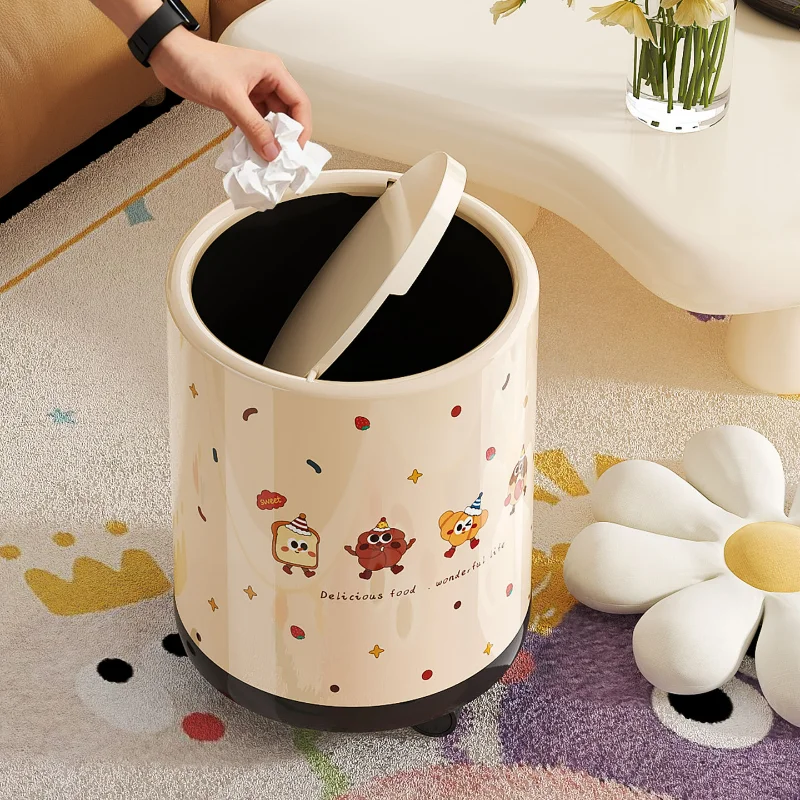 Zhenxiang Trash Can Trash Can 9l Pp Plastic Swing Lid Cartoon Bread Family Waste Bin For Home Living Room Bedroom Bathroom Decor