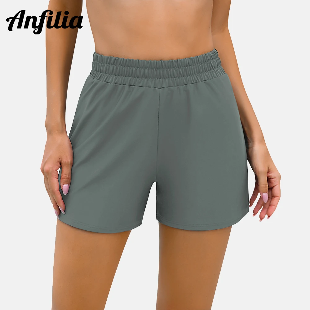 Anfilia Womens Elastic Waist Swim Shorts High Waisted Tummy Control Swimming Shorts Solid Color Swimming Tankini Bikini Bottom