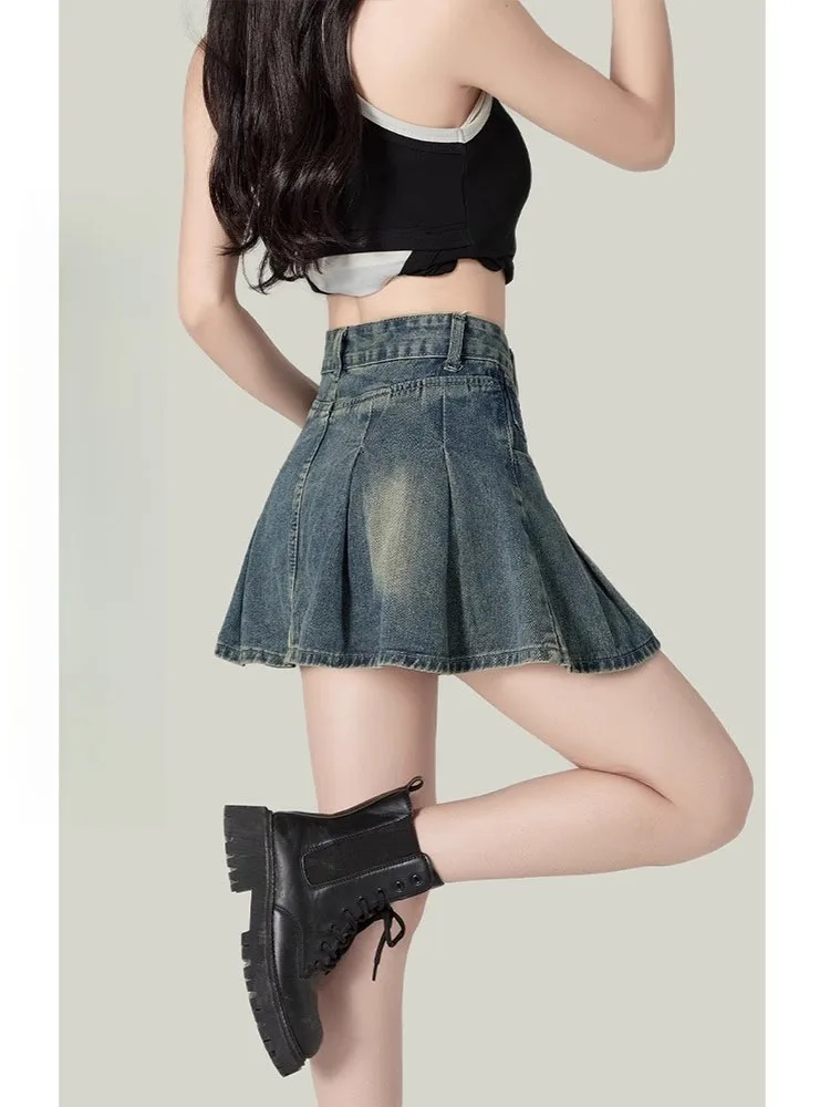 

Юбка-трапеция с высокой талией. Женские джинсовые юбки. Синие джинсы в стиле ретро. Юбки f-длины для девочек больших размеров.