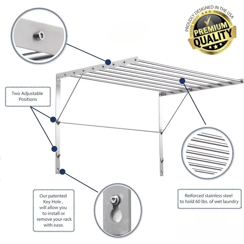 Dipasang di dinding | Rak pengering pakaian | Lebar 30 "| Kapasitas 20 kaki linier 8 batang Stainless Steel bulat halus kapasitas 60 lb