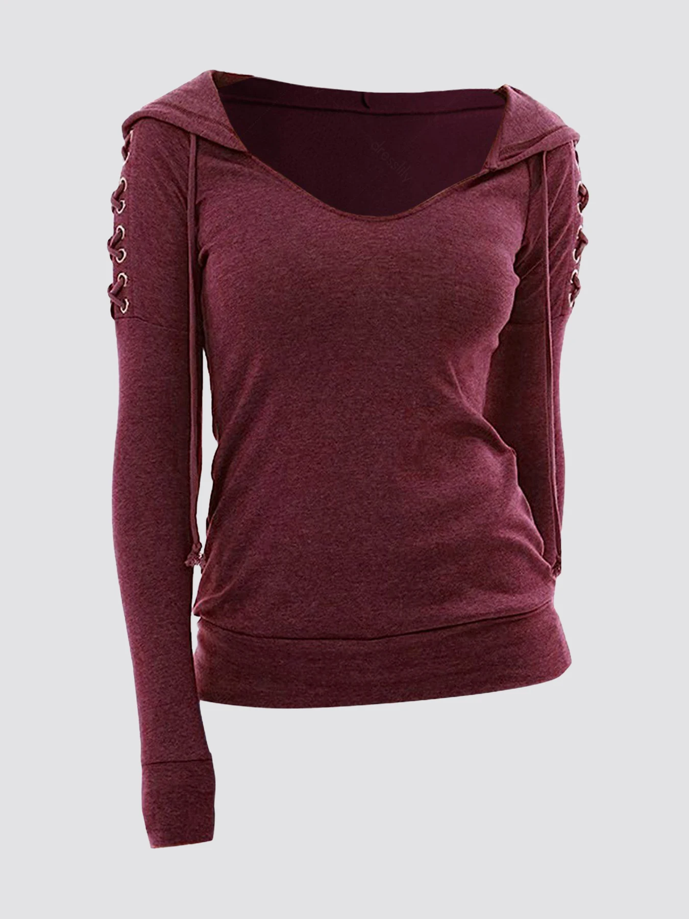 

Women Plus Size Hooded T shirt Drawstring V-Neck Solid Casual Slim Soft Long Sleeve Tee Tops Autumn Vintage Fashion T shirts