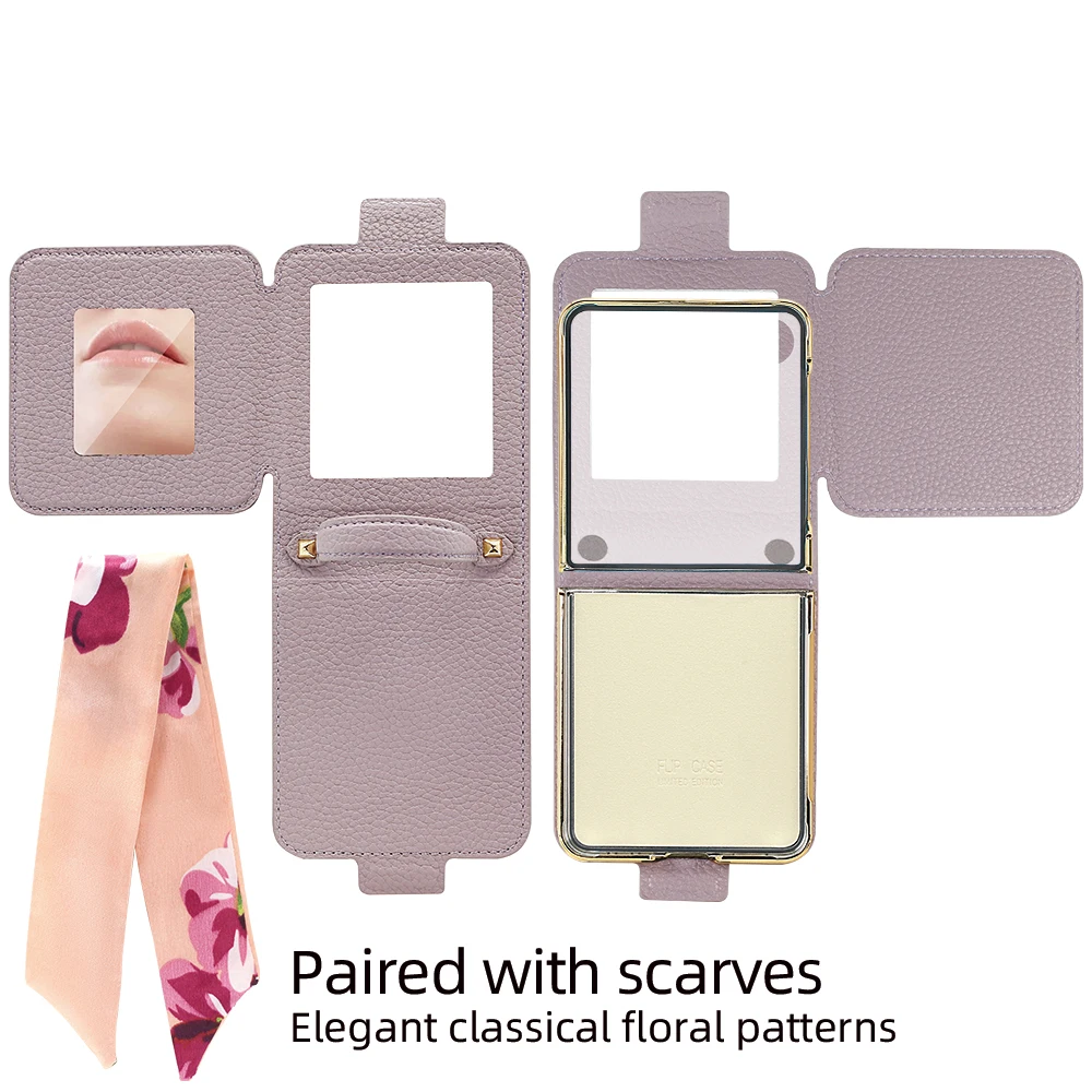 

Plating PU Leather Phone Case Compatible With Galaxy Z Flip 7 Case With Wristband Strap, Ribbon, Make up Mirror Case For Women