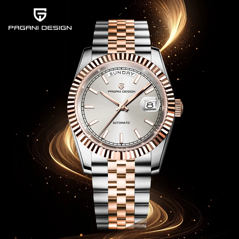 PAGANI DESIGN ساعات الذهب والفضة المينا ساعة ميكانيكية أوتوماتيكية للرجال 36 مللي متر الياقوت الكريستال مقاوم للماء الفولاذ المقاوم للصدأ