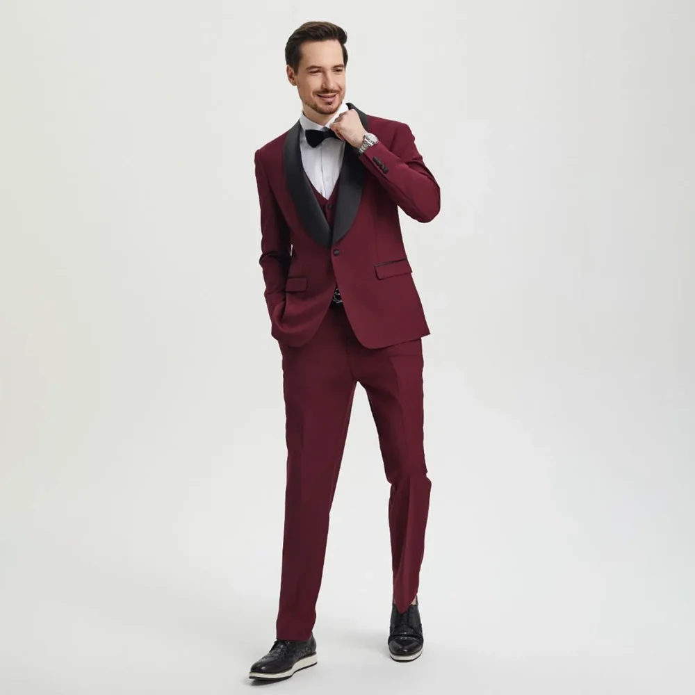 

Burgundy Men Suits Shawl Lapel One Button Solid Tuxedo Fashion Party Groom Wedding Mens Clothing 3 Piece (Jacket+Vest+Pants)