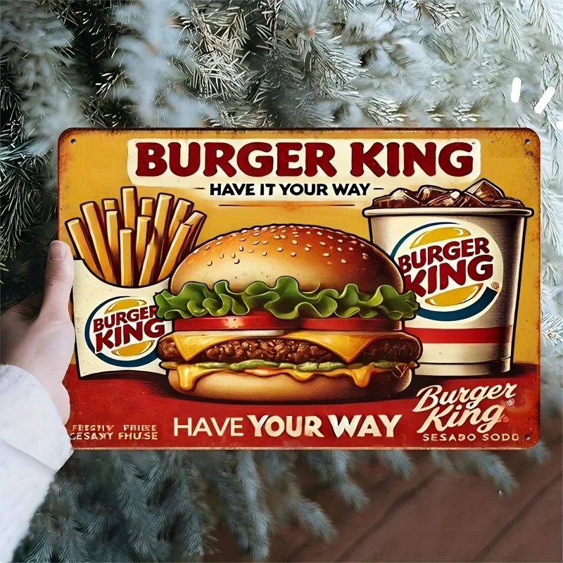 Letrero de pared de metal Vintage Burger King, 20,32x30,48 cm, decoración retro de comida rápida con diseño clásico de hamburguesas y patatas fritas, posición de hierro duradera