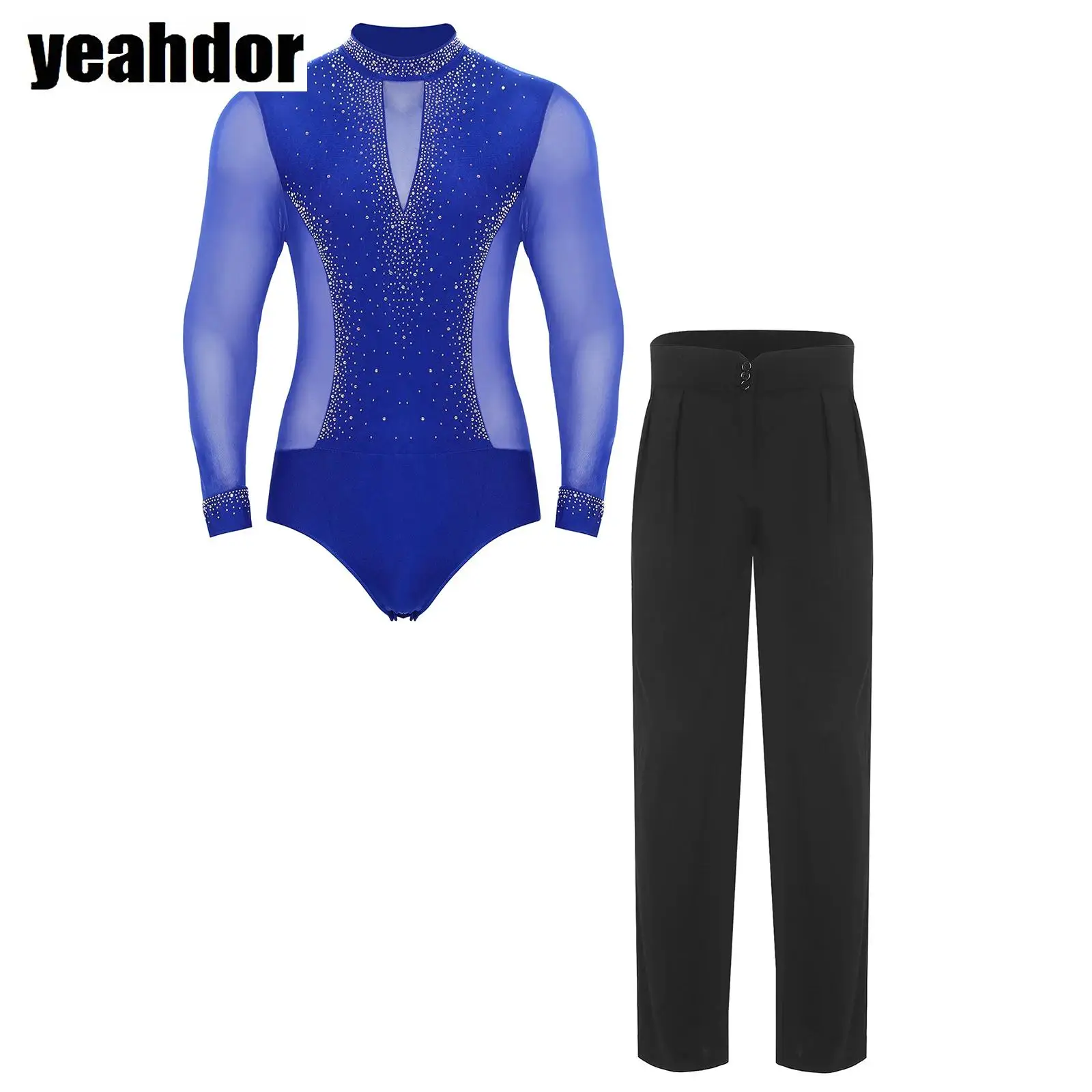 

Men Latin Dance Outfits Long Sleeve Rhinestones Mesh Leotard Bodysuit Shirts with Pants Set Figure Skating Rumba Chacha Jumpsuit