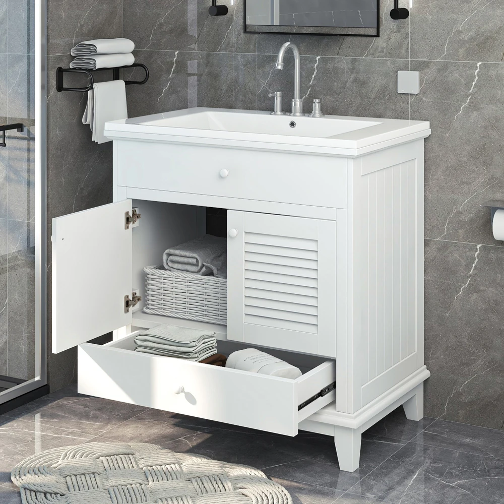 Mueble de baño de 30" con lavabo, mueble de baño con dos puertas y un cajón, blanco