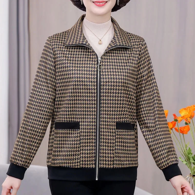 

High Quality Houndstooth Ladies Jacket Spring Autumn 2024 New Coat Fashion Cardigan Zipper Middle-Aged Outwear Short Women's Top