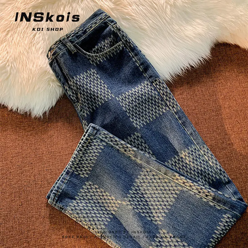 

American retro plaid straight jeans men's and women's loose trendy hip-hop couple high street trousers