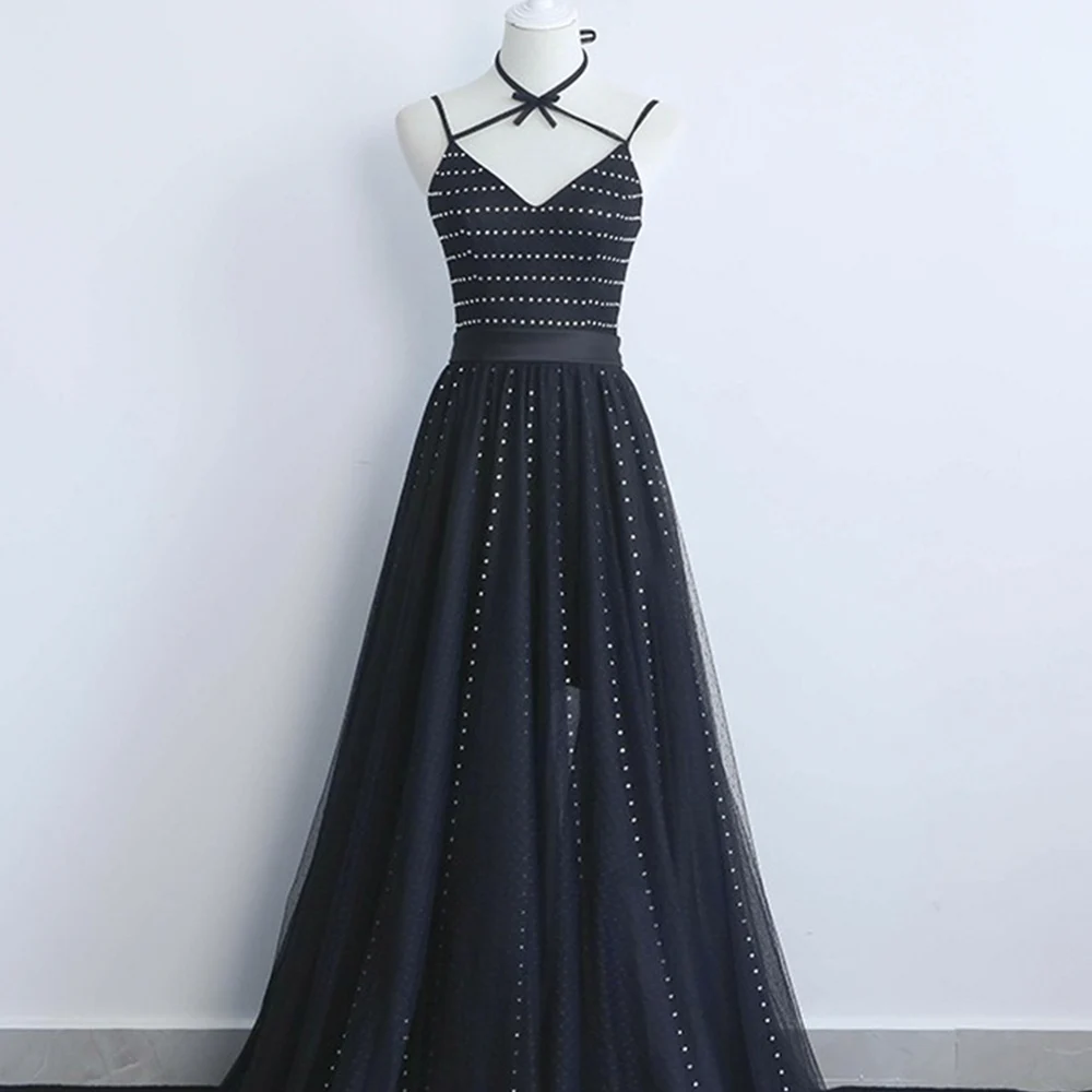 

Black Spaghrtti Strap Evenning Dresses Sexy Lace Up V-Neck Prom Gown A-Line Tulle Slim Floor Length Beading Vestido