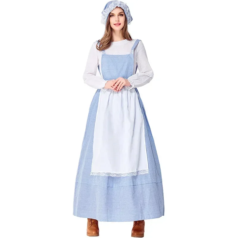 

Womens Cosplay Maid Dress Pastoral Style Blue Lattice Farm Costume
