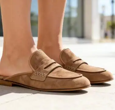 New Tan Suede Black Leather Round Toe Flat Half Slippers Mules Woman Outdoor Leisure Slip On Flat Shoes Loafers Drop Shipping