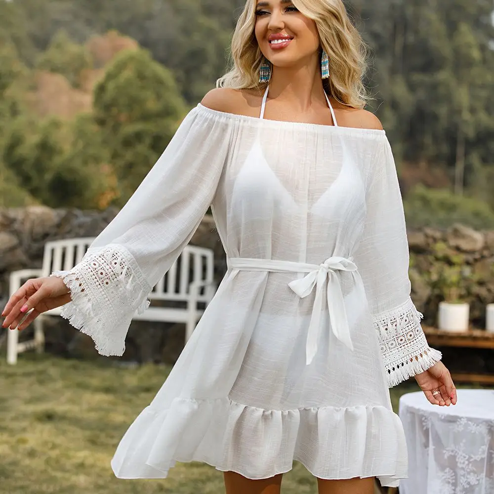 Beach Cover Up Swimwear Women Cover Ups Net Yarn Beach Dress Tunic Tassel Summer Bathing Suit Cover Ups Pareo De Plage Beachwear