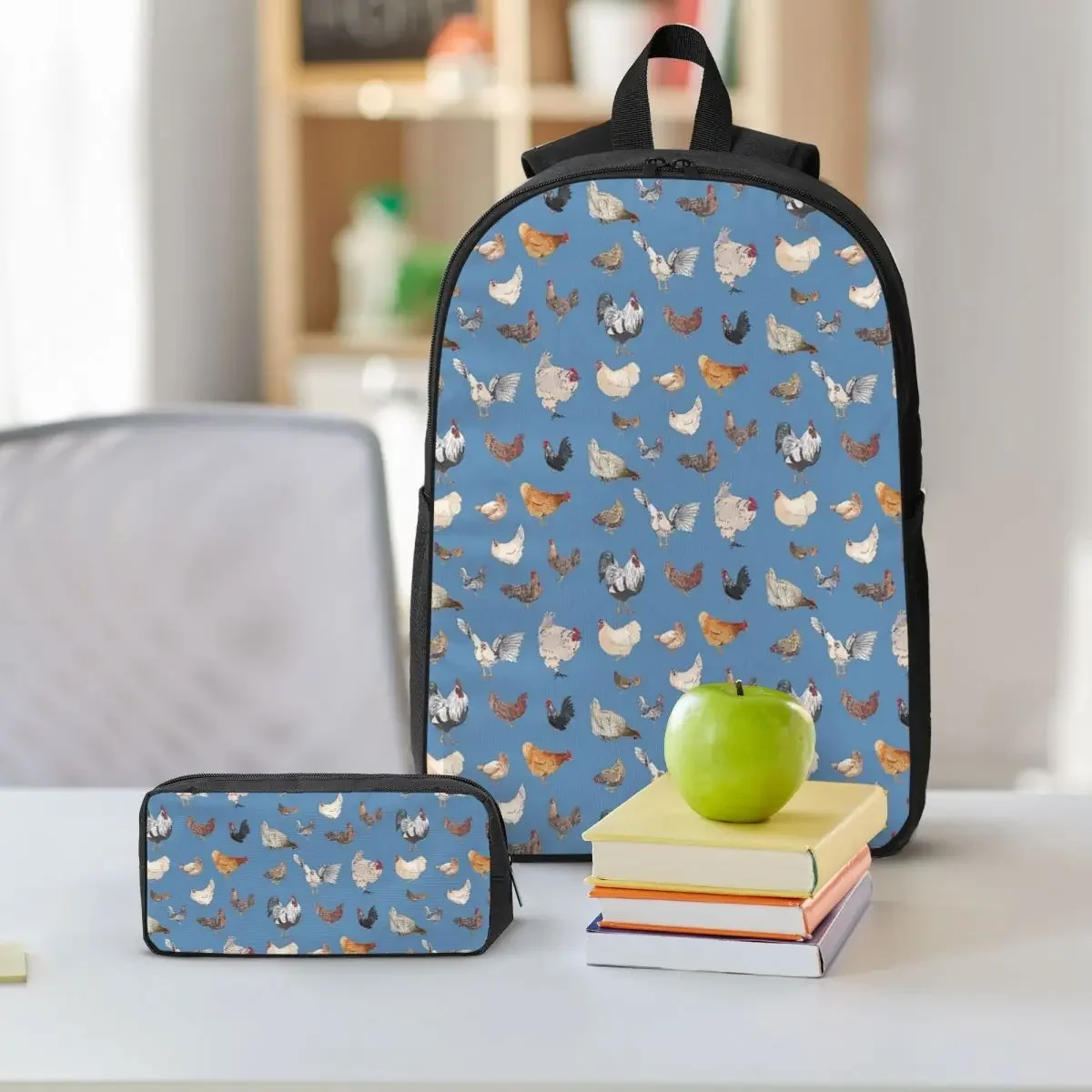 Chicken Happy Print Backpack Student Boys Girls BookBag School Bag Computer Shoulder Bags 3ps Insulated Lunch Bag Pencil Case