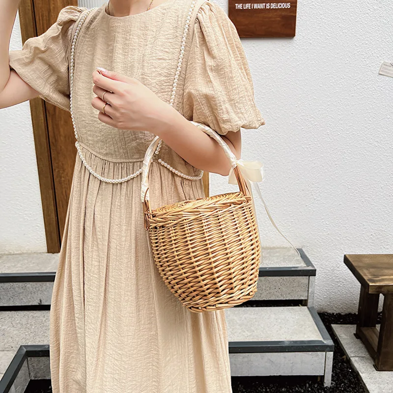Weidenkorb Tasche Frauen Sommer Strand Natürliche Rattan Stroh Eimer Totes Handarbeit Gewebt Handtaschen Neue – Detail 1