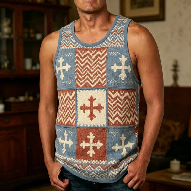 Men's Retro Geometric & Ethnic Print Sleeveless Tank Tops ， for Casual Weekends, Picnic Gatherings & Relaxed Everyday Wear