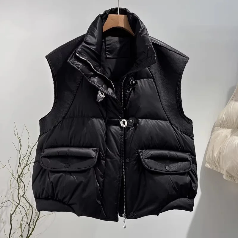 Inverno 2025 feminino gola engrossado quente para baixo colete y2k moda de alta qualidade solto curto ganso para baixo colete