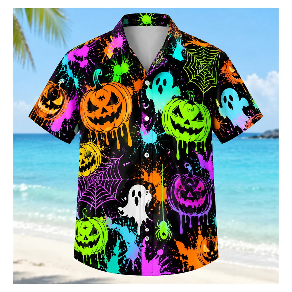 Halloween Graffiti Pumpkin Shirt for Men 3D Print Ghost Spider Web Short Sleeve Shirt Neon Horror Party Costume Streetwear Top