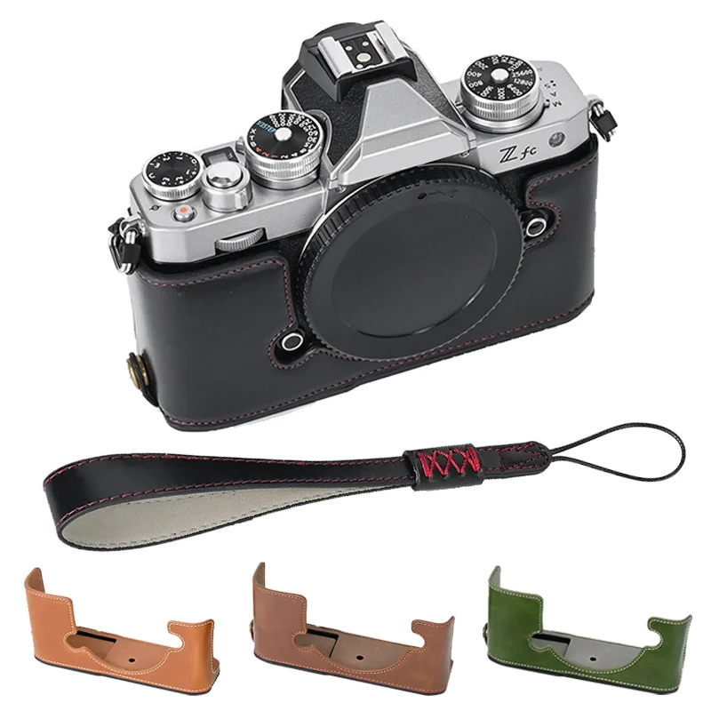 Skórzany pół obudowy dla Nikon ZFC osłona na kamerę uchwyt z paskiem