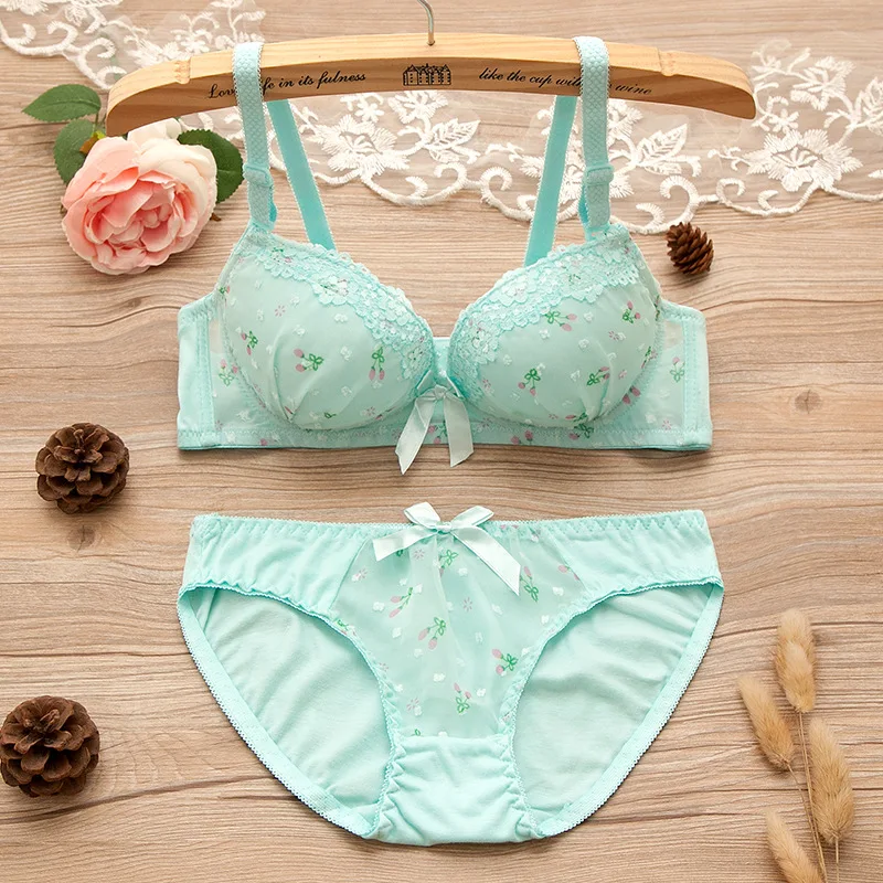 Girls Lace No Steel Rings Comfortable Girls Bra + Panties Set Adjustment Gathering Sexy Girls Student Underwear