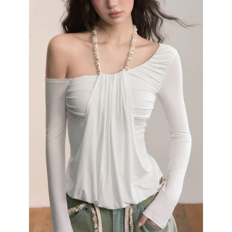 

Halter Neck Strap Fake Two-piece Design Off-shoulder Long-sleeved Women's Autumn and Winter New Slim Fit Top