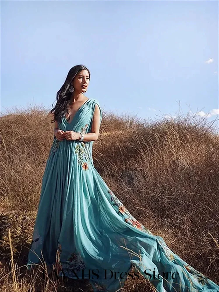 LAYXHS Vestidos de noite elegantes com decote em V, xale, apliques, linha A, pregas, vestidos formais de baile, personalizados