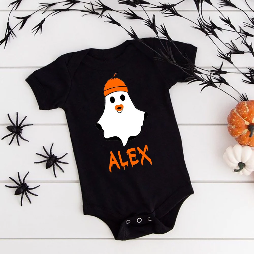 Personalized Baby Romper Ghost with Name Newborn Bodysuit Boys Girls Halloween Party Outfit Infant Holiday Short Sleeve Jumpsuit