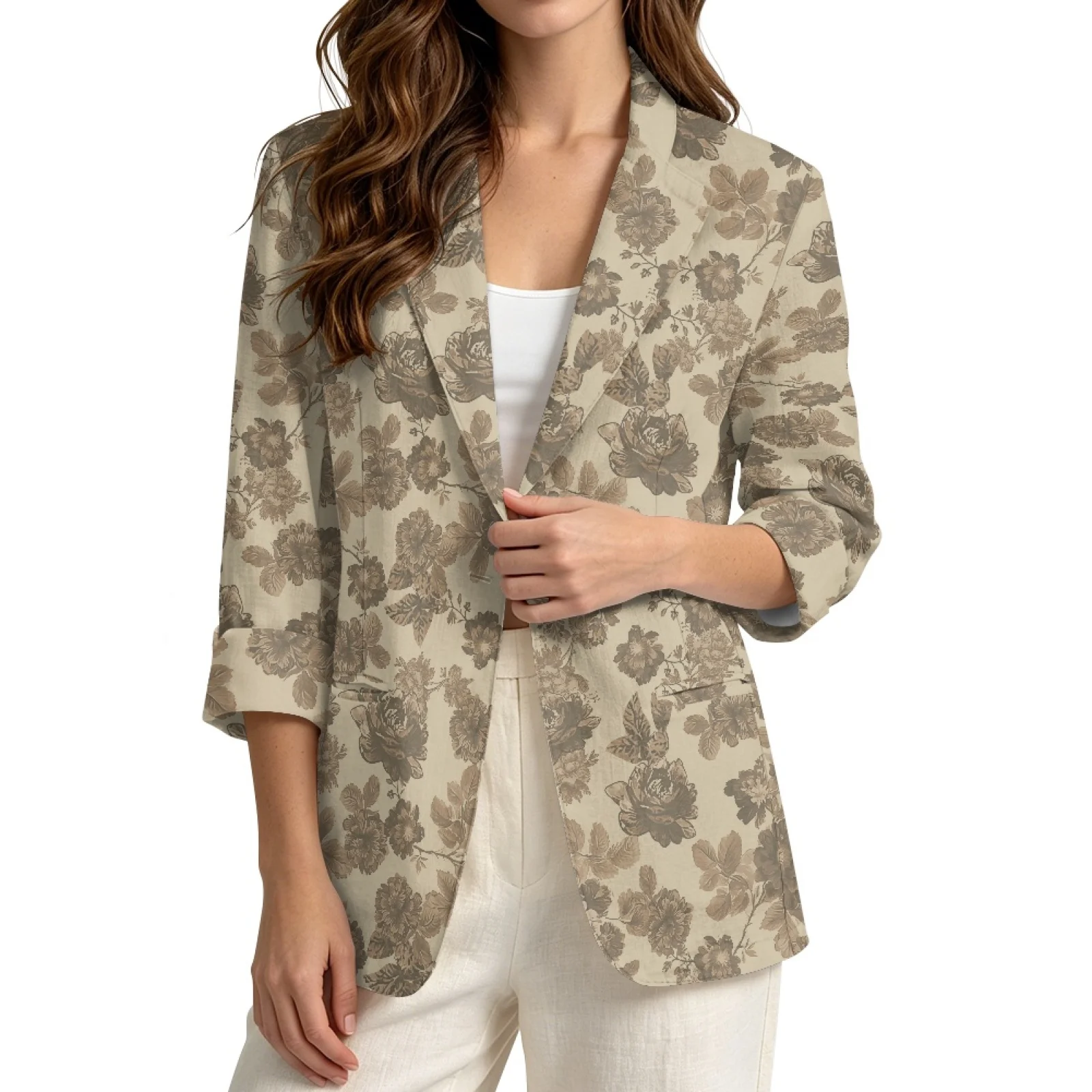 PENSTROLL Vintage Brown Floral Linen Style Outerwear Cover Up for Daily Lightweight Beach Cardigan Beach Cover Ups