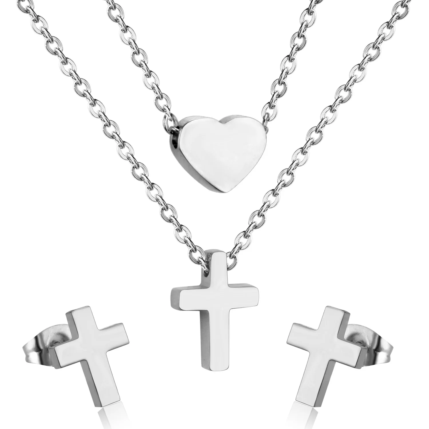 Edelstahl-Schmuckset für Damen Blumen-Pflanzen-Anhänger Zirkon Doppelschichtige Kette Halskette Ohrringe Set Goldfarben Großhandel