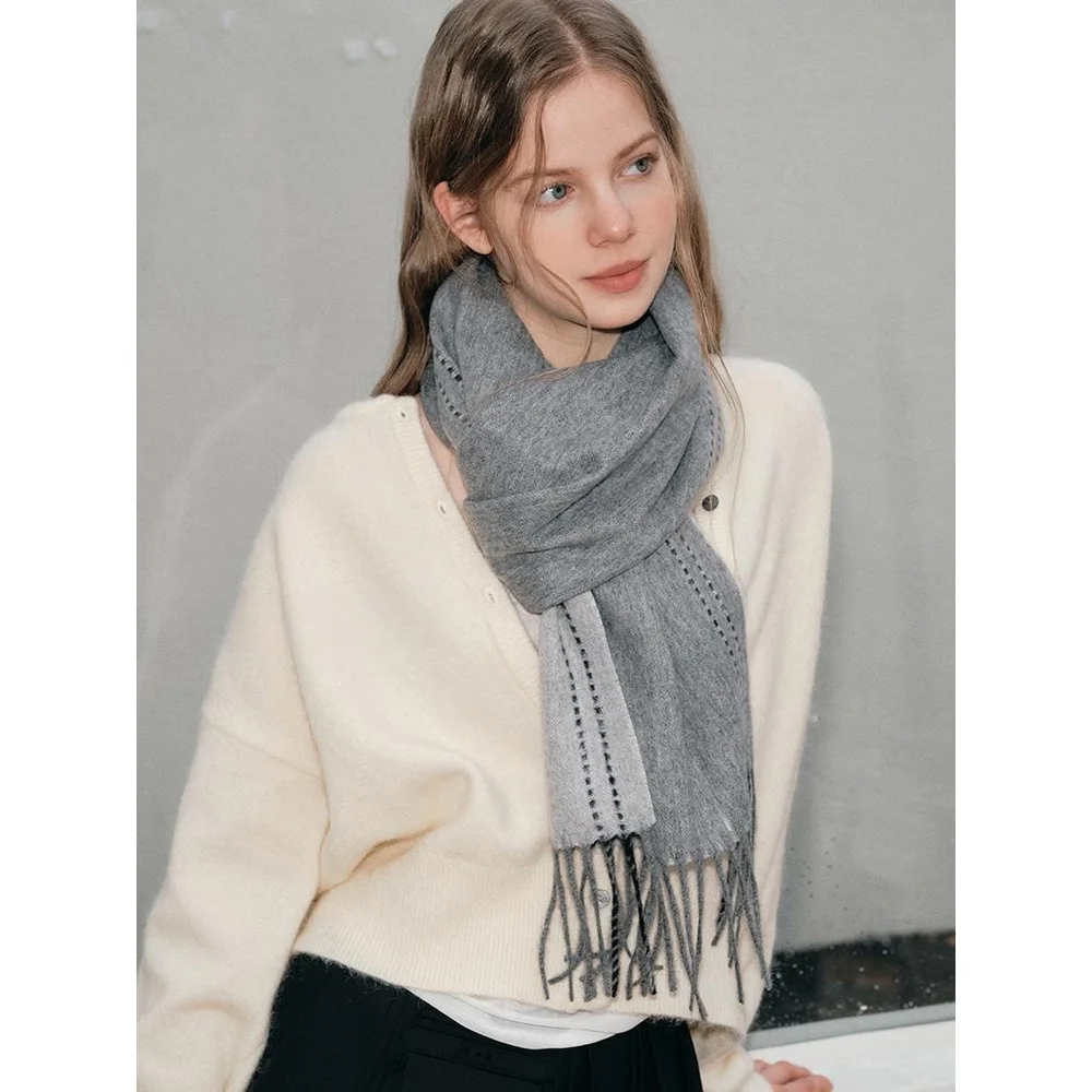 

Универсальный женский шарф из 100% чистой шерсти с однотонной строчкой, двусторонняя шерстяная шаль, зимний теплый шарф