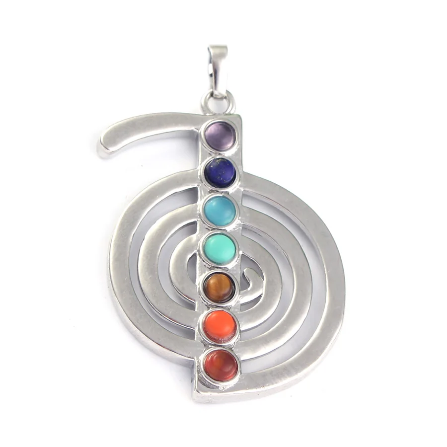 Silver Plated Natural Chakra ReiKi Stone Beads Energy Symbol Healing Crystal Balance Chakra Pendant Divination Jewelry No Chain