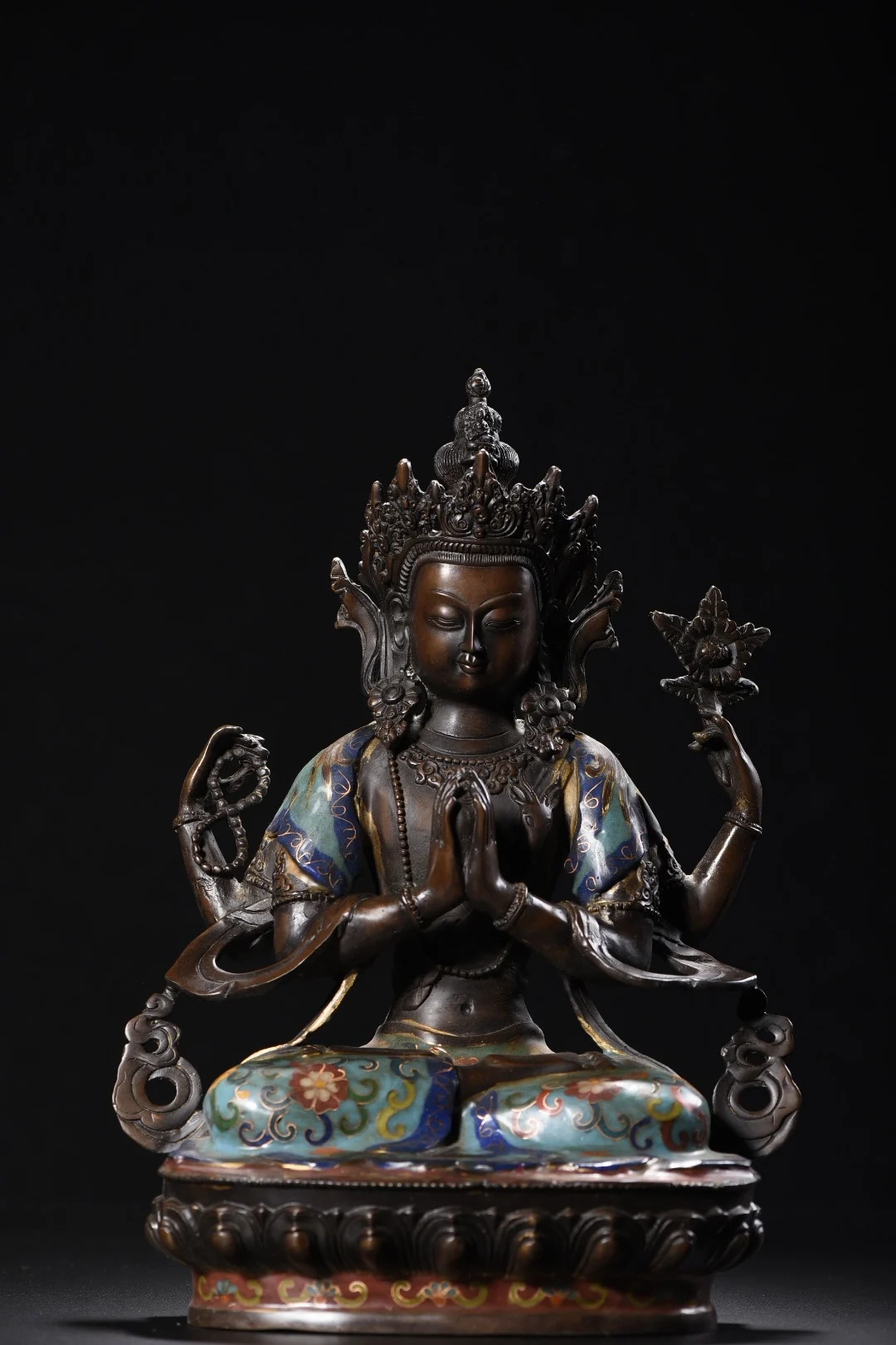 

13"Tibetan Temple Collection Old Bronze Cloisonn Enamel Four armed Guanyin Sitting Buddha Lotus Terrace Worship Hall Town house