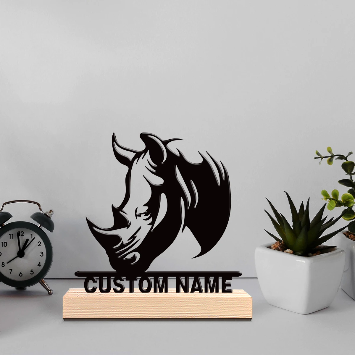 1pc Creative rhinoceros Customizable Letter Metal Statue Iron Ornament Iron Sculpture With Wood Base Handicraft With Wood Base