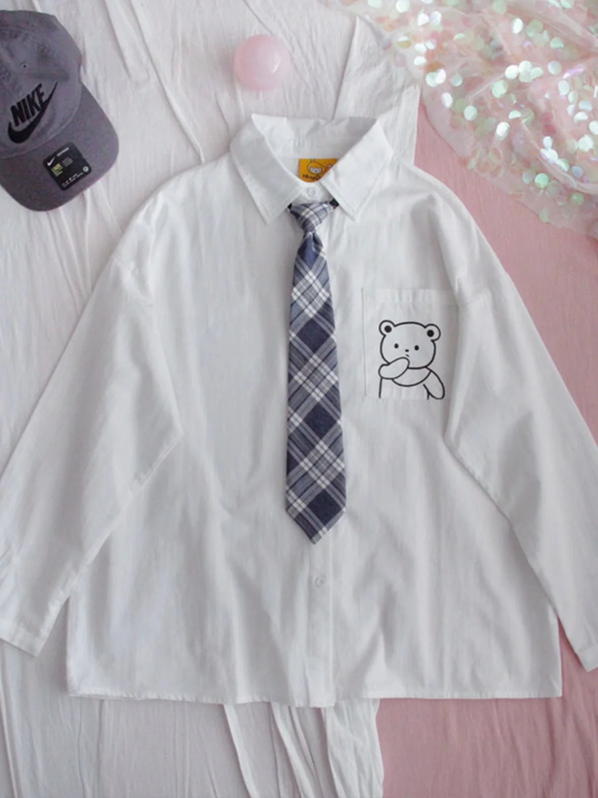 

Светло-серая весенне-летняя рубашка в японском стиле JK с мультяшным принтом, женская модная универсальная рубашка для школы и кампуса