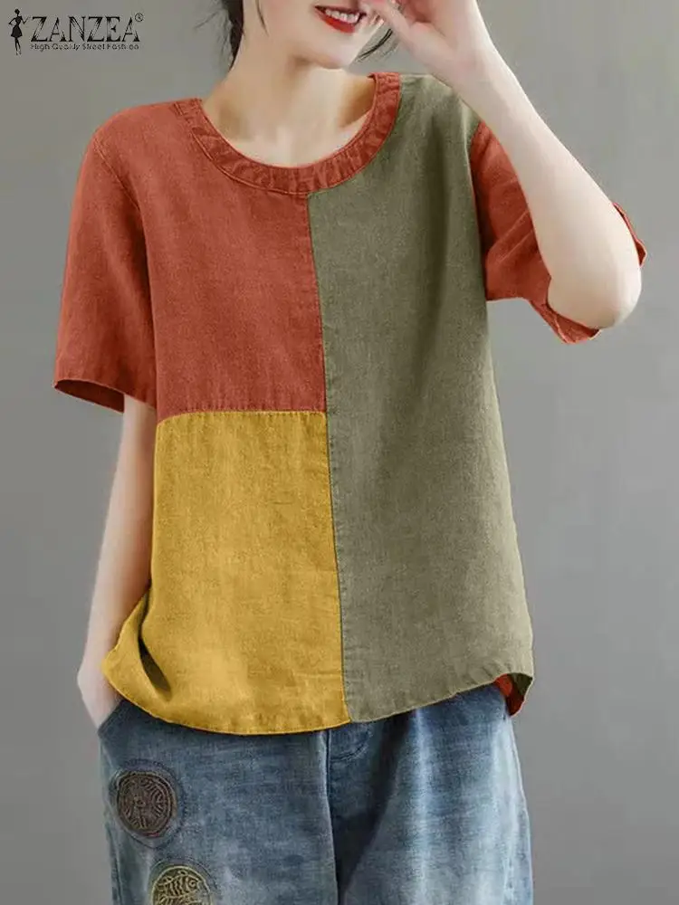 ZANZEA Women Patchwork Blouse 2024 Summer Short Sleeve Tunics Fashion Round Neck Shirts Casual Loose Holiday Cotton Linen Tops