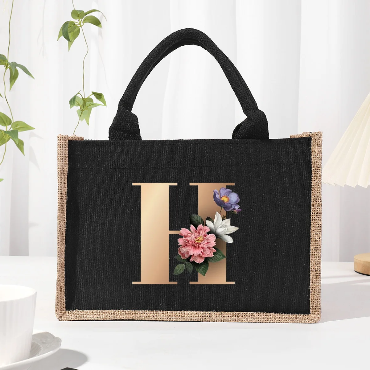 Gold  Letter Black Patch Linen Canvas Handbag, Interior Waterproof, Large Capacity Commuter Bag Storage Bag