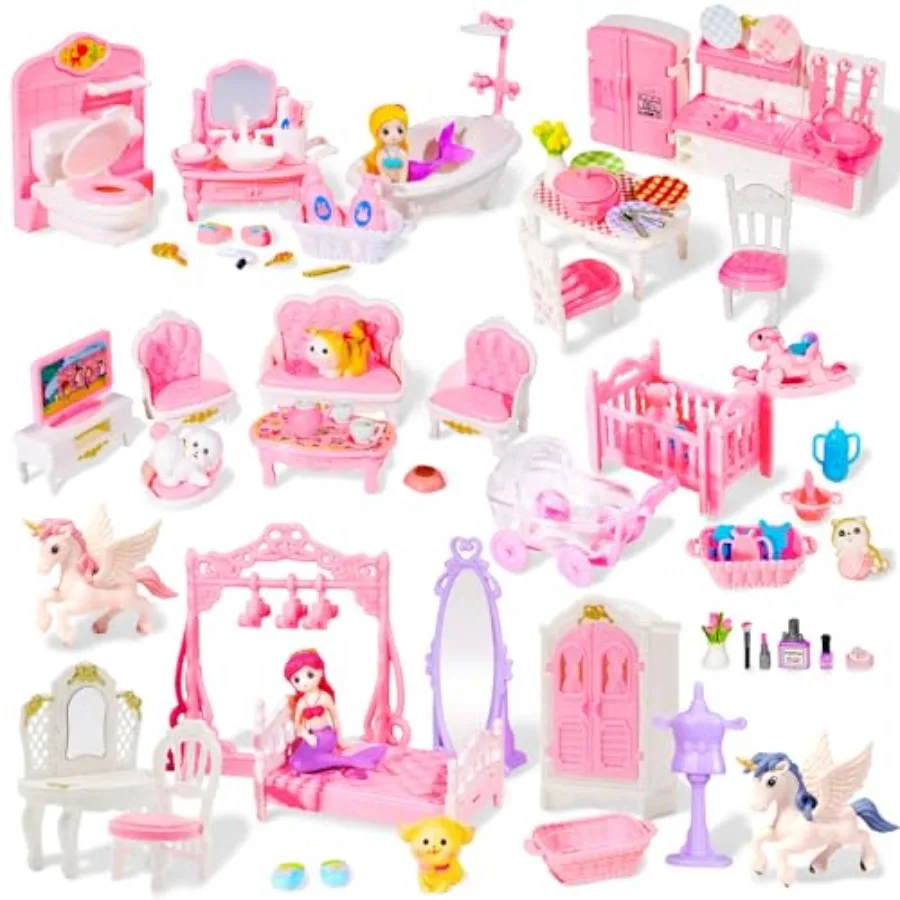 

92 Pcs Miniature Furniture Set Accories Mini Furniture Plastic Bedroom Living Room Bathroom Kitchen Kit Small Pink House for Bi