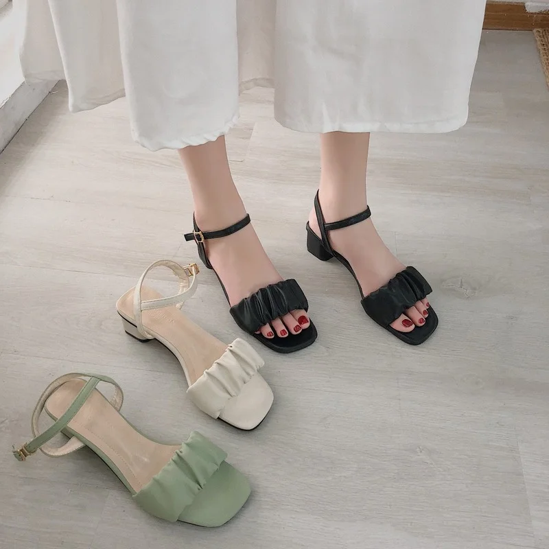 New Open-toed Casual Sandals 2022 Spring Summer Women's Thick Heel Elegant Middle Heel One-word Buckle Women's Comfortable Shoe