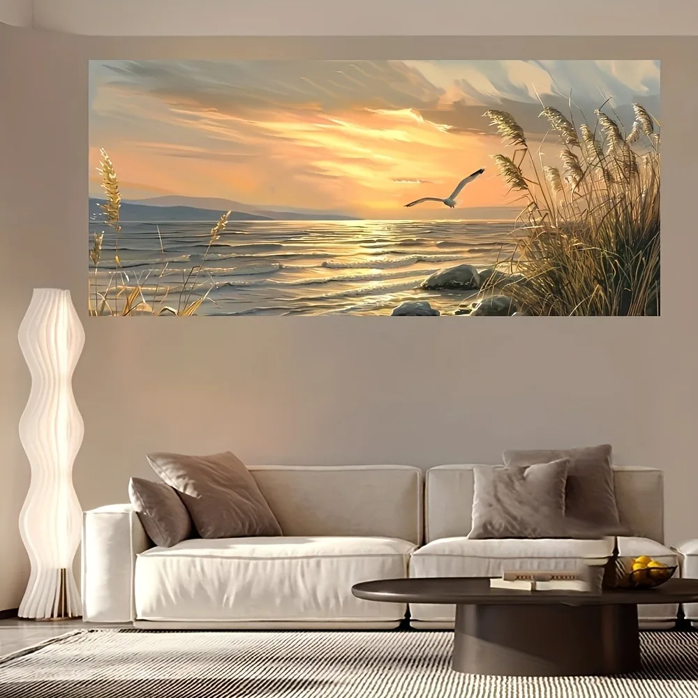 لوحة فنية على قماش Sunset Beach Art مطبوعة على المناظر البحرية، ملصق لوحة زخرفية داخلية، إطار من خشب الصنوبر الصلب بسمك 1.5 بوصة
