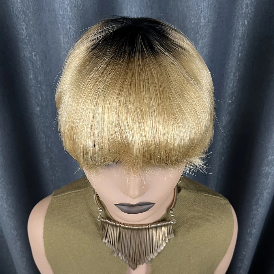 باروكات شعر بشري أشقر قصير مفرود للنساء ذوات البشرة السمراء، قص عابث برازيلي مع غرة شقراء، قبعة مصنوعة آليًا بالكامل جاهزة للارتداء