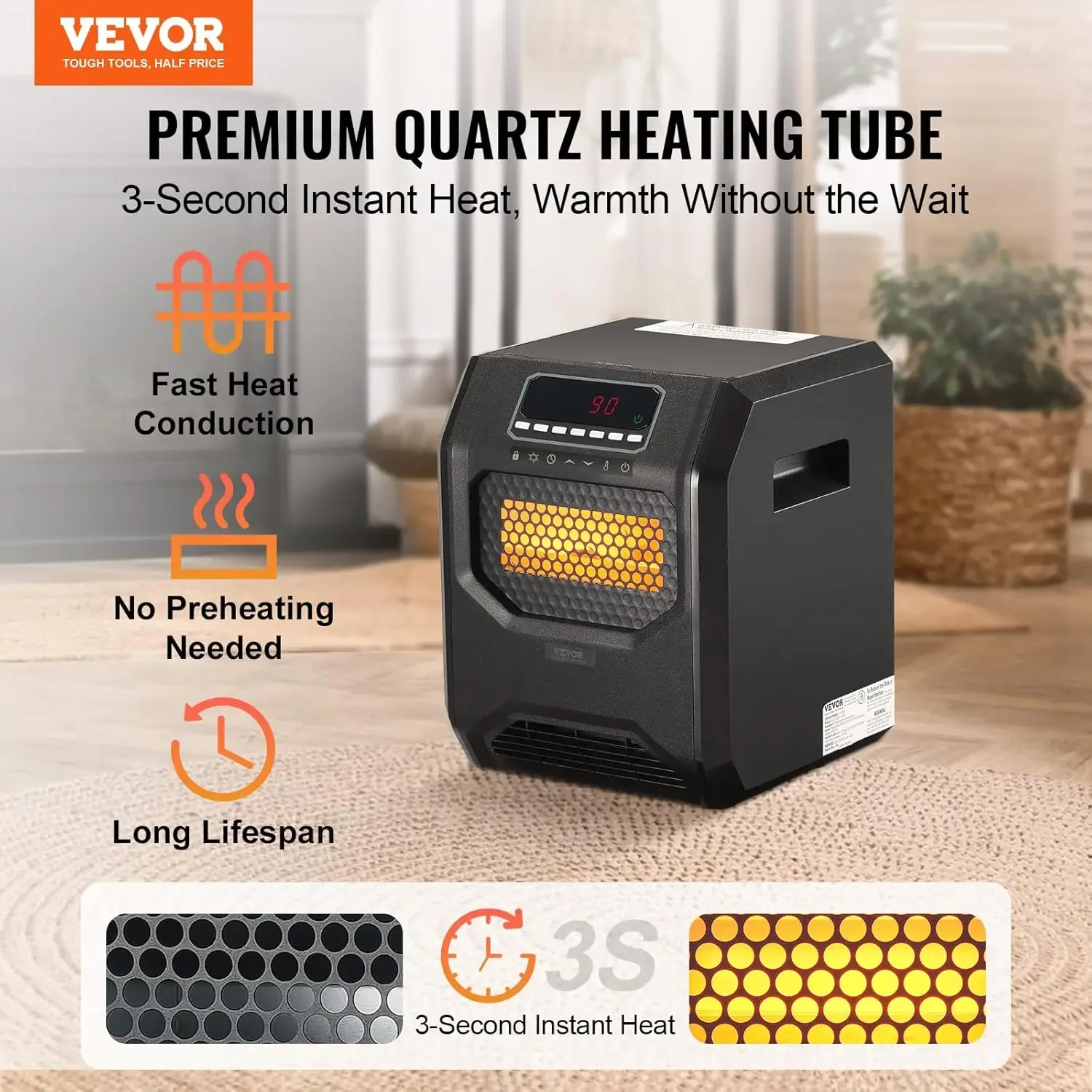 Infrared Heater, 1500W Remote Control Electric Space Heater, LED Patio Heater w/ 3 Speeds & Timer