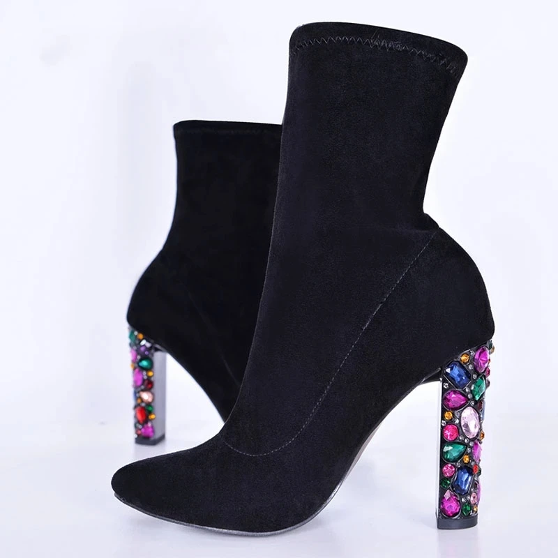 

Colorful Rhinestone Studs Heels Ankle Boots Woman Stretch Suede Slip On Pointed Toe Gem Crystal Square Heel Socks Boots Mujer